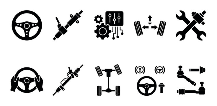 This black and white icon set depicts various car steering and suspension components, including steering wheels, tie rods, and brake symbols, ideal for automotive repair or technology concepts.
