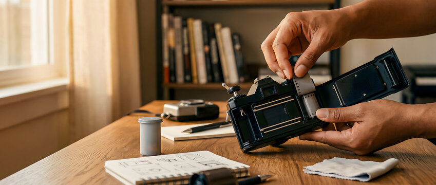 Close-up of an unrecognizable person's hands loading a 35mm film roll into a vintage analog SLR camera on a wooden desk.