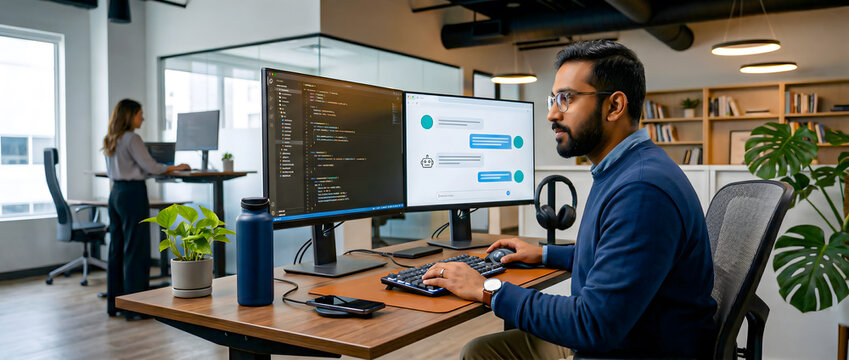 Focused South Asian male software developer writing code and consulting an AI chatbot on dual monitors in a bright modern office.