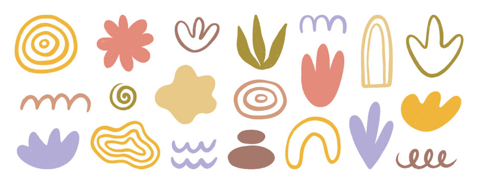 Crayon organic shapes set. Hand drawn colorful flowers, plants, wave organic figures, and circles. Vector illustrations on transparent background, elements for creative graphic projects and designs.