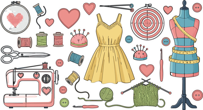 Sewing and fashion design set with dress mannequin sewing machine threads needles and tailoring tools vector illustration