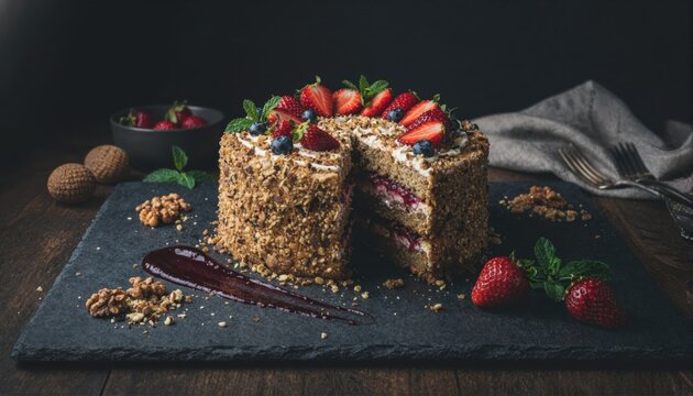 Dark moody layered cake with berries on charcoal slate