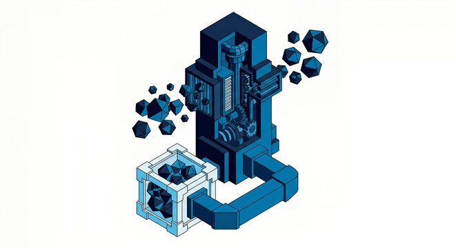 Mechanical processing tower technical graphic refining raw geometric data into structured containment representing automated data mining and algorithmic system engineering
