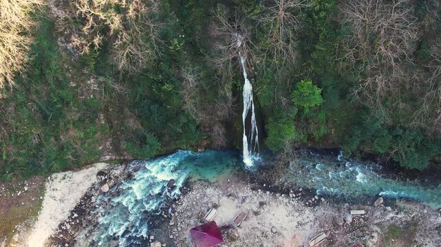 Aerial View of Hidden Waterfall in Forest, Turquoise River and Scenic Nature Landscape, Georgia 4K.