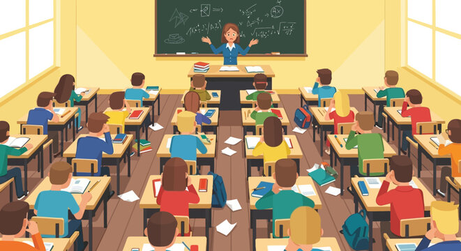 Engaging classroom atmosphere with a dedicated teacher at the blackboard, inspiring a room full of diverse students through interactive learning and knowledge sharing