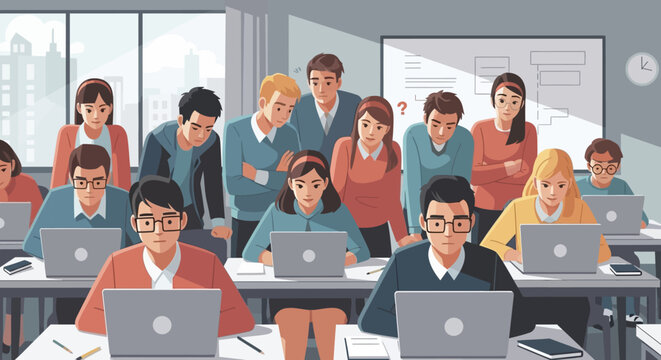 Diverse students or employees collaborate on laptops in a modern classroom or office setting, symbolizing teamwork, shared learning, and problem-solving in a digital age