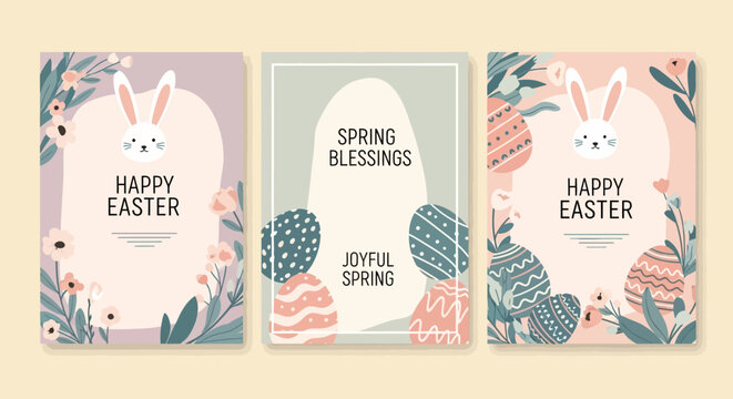Charming pastel illustrations depicting joyous spring festivities with cute bunny motifs and decorated eggs, perfect for seasonal greetings and celebrations