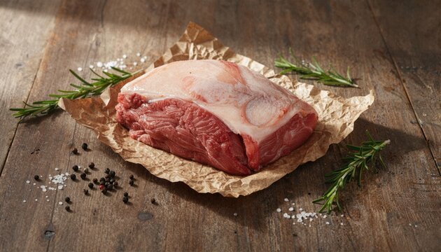 Fresh beef in rustic paper wrap on wood