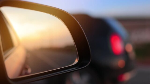The sun is reflected in the mirror, evening road. View in the side rear view mirror of a red car driving along the highway