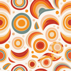 Fototapeta premium Vibrant seamless retro abstract pattern, featuring groovy organic and geometric shapes in a warm 1970s inspired color palette, ideal for textile designs or digital backgrounds