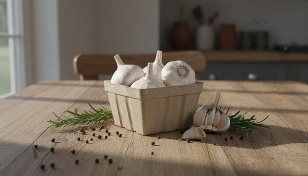 Fresh giant garlic in rustic cardboard punnet