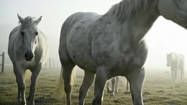 Herd of white horses grazing in a misty field, animal, nature, landscape