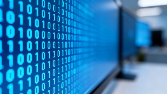 Computer screens displaying binary code