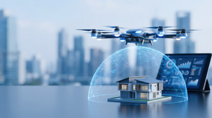Digital futuristic home insurance property coverage concept protects smart house under drone security shield with modern city skyline background and risk data monitoring on laptop screen