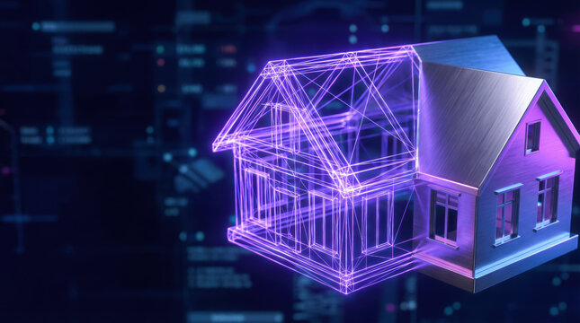 Digital futuristic home insurance property coverage concept glowing wireframe smart house technology security data background