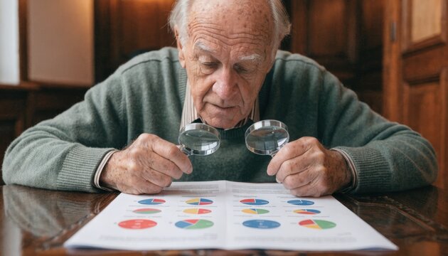 Senior carefully inspecting a sidebyside comparison of dental and vision addon coverage medium shot with detailed focus on the document rest out of focus.