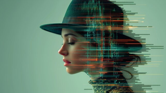 Woman in hat merges with digital code streams. Her calm expression suggests thoughtful engagement. Data flows around her, implying tech integration. Ideal for themes of AI, innovation
