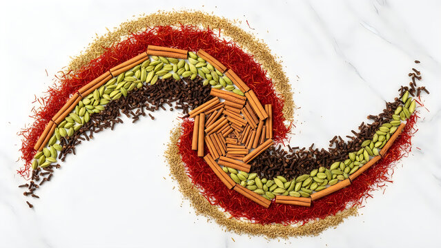 A vibrant assortment of aromatic spices arranged in an artistic swirling pattern on white marble
