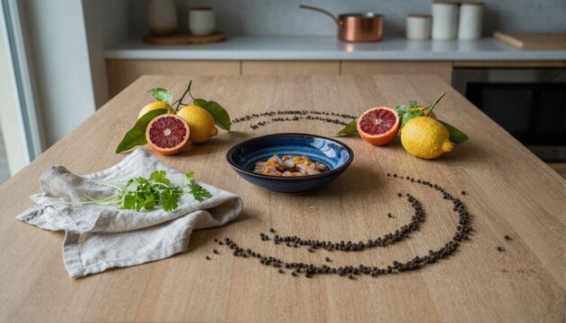 Fresh seafood crudo with citrus and herbs on rustic wood