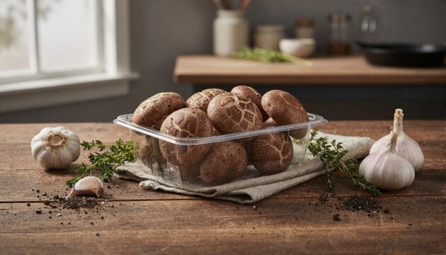 Fresh shiitake mushrooms in rustic farm-to-table setting