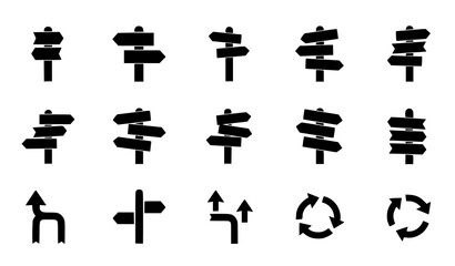Direction Sign Icon Set with Road Signs, Arrows, and Navigation Symbols in Minimal Black Silhouette Style for Travel, Wayfinding, and Map Design © UIC STUDIO
