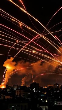 Vertical Video of Missile Streaks Over Dark Urban Skyline at Night