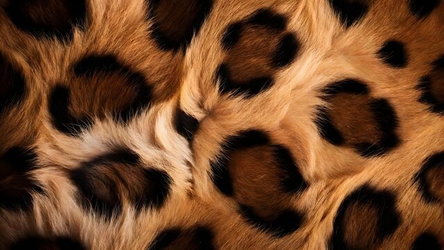 Detailed leopard rosette markings on thick natural fur. Safari animal skin texture for luxury apparel design. Macro photography of organic feline pelt showing soft hair and spots.