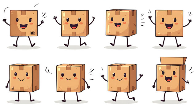 Cute Cartoon Box Character Set with Happy Expressions and Walking Poses, Delivery Package Mascot Illustration for Logistics Shipping and E Commerce Design