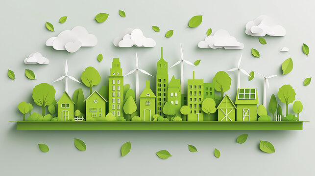 Ecology Concept with Green Eco City on Nature Background &ndash; Environment Conservation and Sustainable Resource Vector Illustration