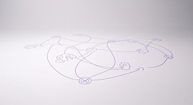 A hand drawn abstract diagram with circles and curved lines on a white surface high-quality