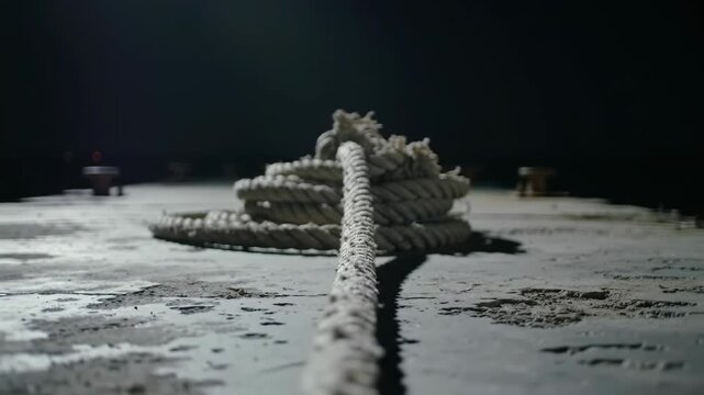 Close-up of coiled rope on deck, dark background.  Rope, deck, coil, ship, boat.