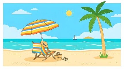 Obraz premium Tropical Beach Vacation Illustration with Sunbed Palm Tree and Umbrella in Outlined Flat Style for Summer Travel Banner and Leisure Concept