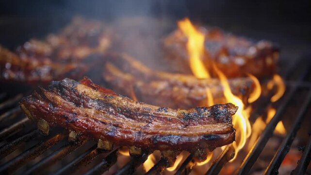 Close up of delicious glazed pork ribs grilling over an open flame with smoke, outdoor barbecue food preparation.