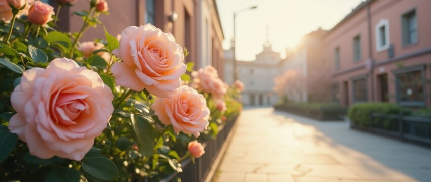 Blooming pastel roses along a quiet urban street in soft spring sunlight, creating a romantic city scene with delicate petals and calm seasonal charm.

