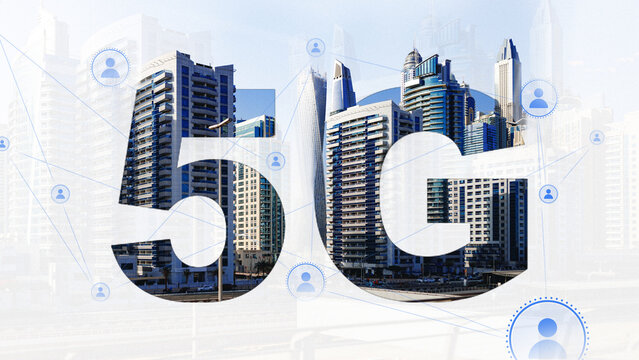 5G internet technology in a modern cityscape with tall buildings and digital connections
