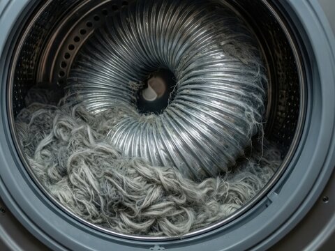 Flexible aluminum dryer vent tube packed with gray lint buildup, showing a clothes drying hazard that needs cleaning for safety and efficiency.

