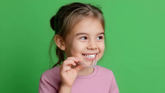 Smiling child demonstrates invisible aligners against green screen