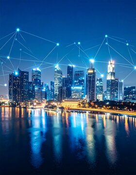 City skyline at night, connected by glowing network lines (1)