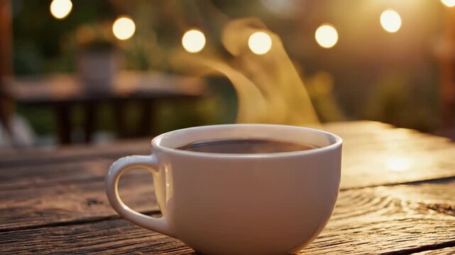 Steaming coffee mug on wooden table with warm bokeh lights