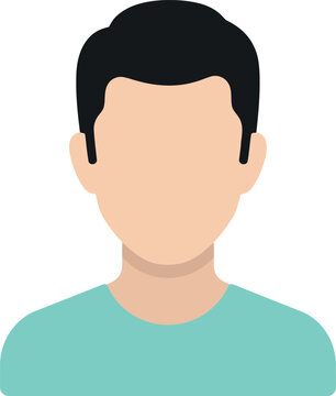 Male avatar icon with short black hair and teal shirt on white background, flat vector illustration