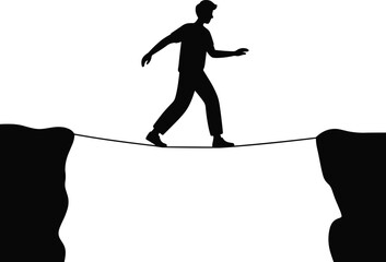 Fototapeta premium PrintSilhouette person walking tightrope, risk challenge, overcoming obstacles, balance concept, danger cliff crossing, determination courage, success metaphor,