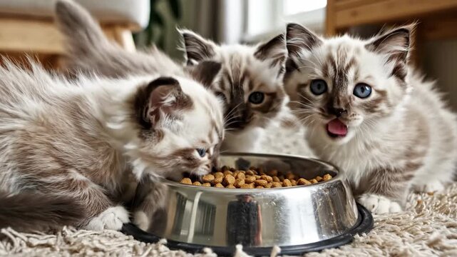 Three fluffy kittens eating dry food from a bowl on rug