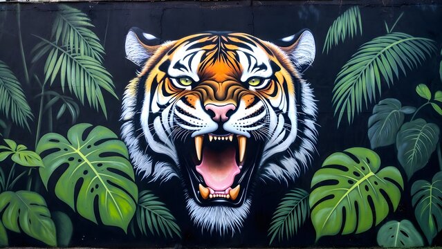 Ferocious tiger head mural surrounded by jungle leaves. Street art wildlife concept. Painted tiger showing teeth and growling among green tropical foliage on a dark wall.