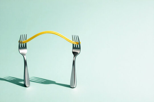 Creative Food Metaphor of Spaghetti Strand Forming a Bridge Between Two Forks with Copy Space