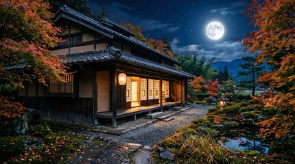 Obraz premium 月夜に映える日本家屋