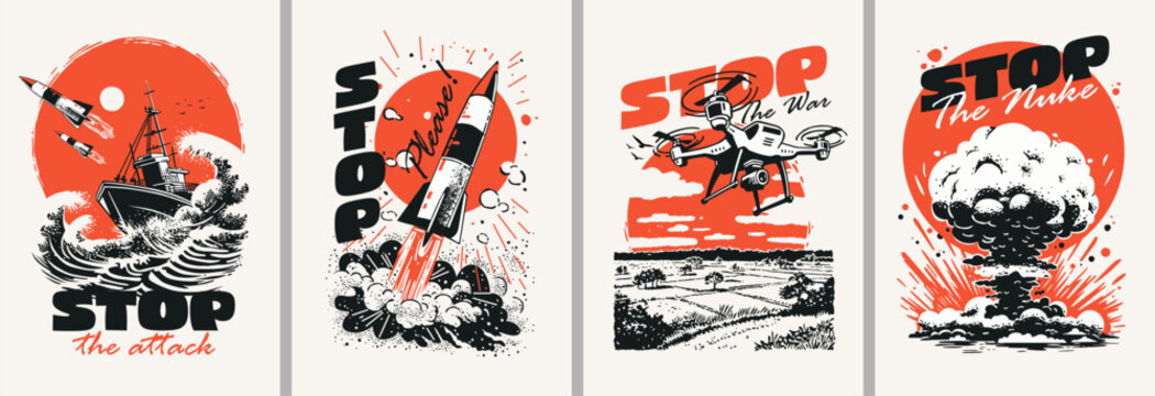 Bright retro posters in vintage style depicting war and weapons. Dynamic creative prints depicting a nuclear explosion, drone and rocket. Let's stop the wars in the world together