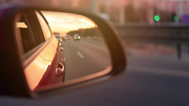 The sun is reflected in the mirror, evening road. View in the side rear view mirror of a red car driving along the highway