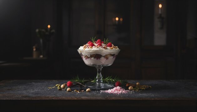 Moody festive trifle dessert with dramatic lighting