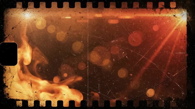 Orange cinematic flare light leaks drift through a retro film overlay on a transparent dark background, analog burn and grain glowing in motion.
