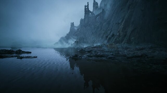 still inlet at midnight with tower silhouette, glassy water with gentle ripples, dense mist hugging cliff face, cool blue palette builds quiet tension